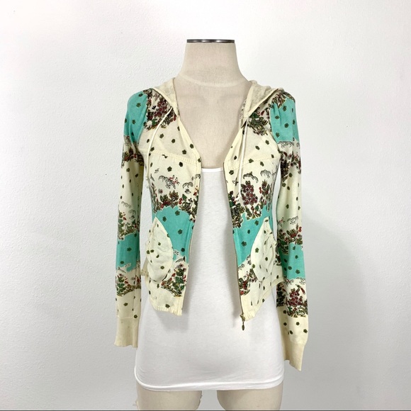 Anthropologie- MOTH Cream Print Crop Hoodie XS - Picture 2 of 13